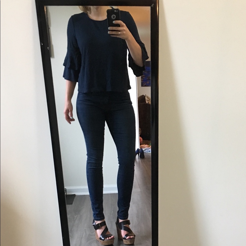 Navy ruffle sleeve top